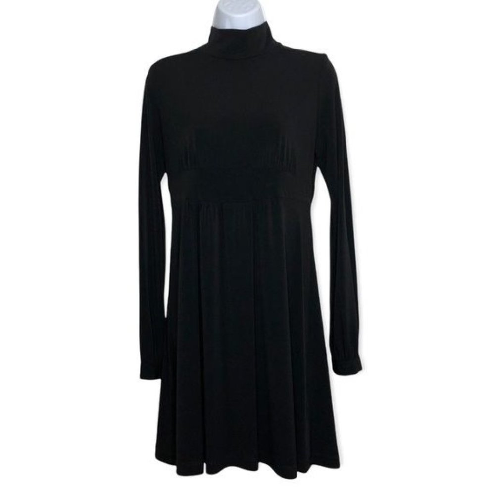 Molly New York Mini Dress Black Long Sleeve Pleated Mock Neck Stretch Size S